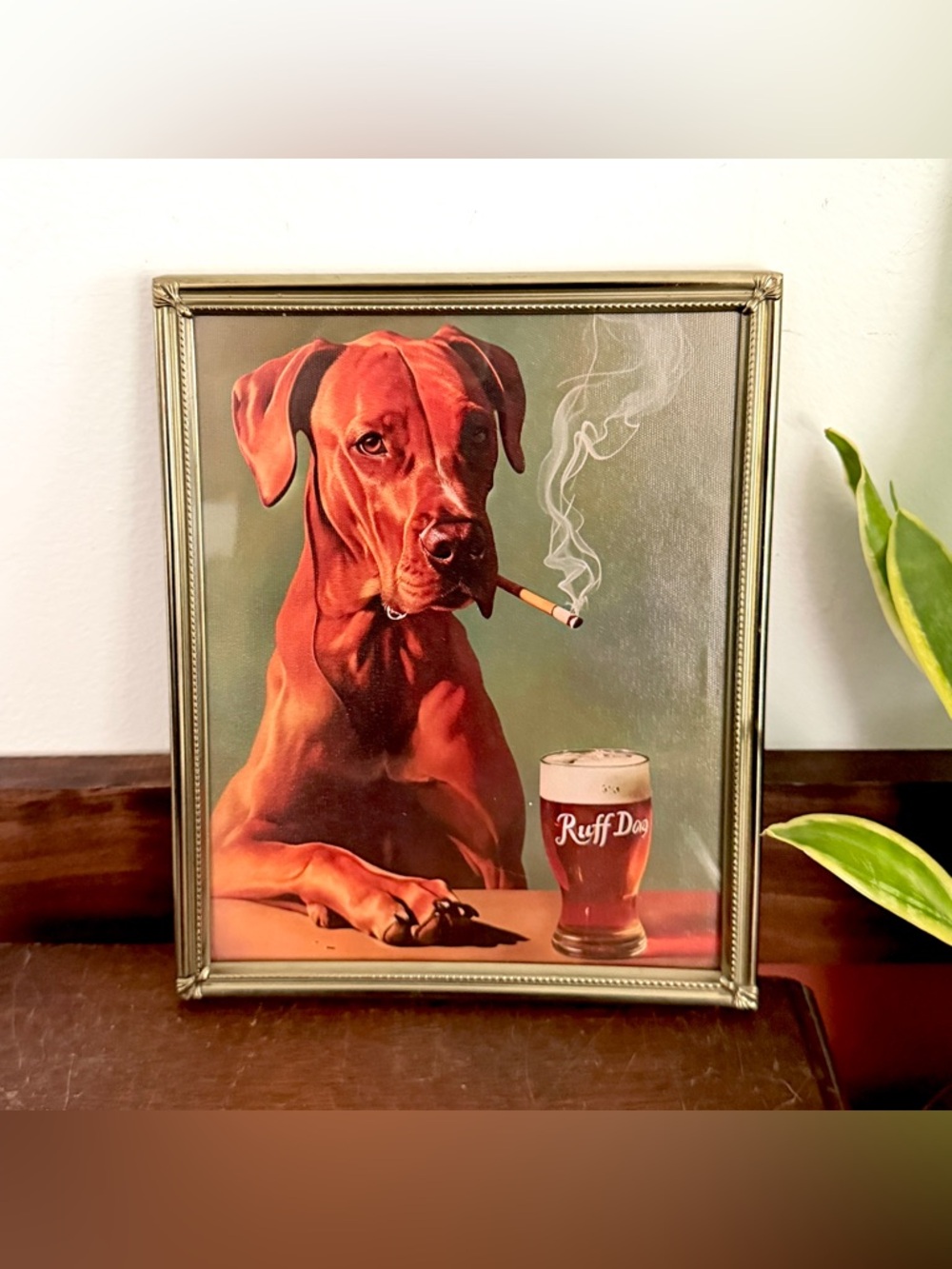 Dog Smoking a Cigarette Drinking a Beer Canvas Print Vintage Gold Metal Framed
